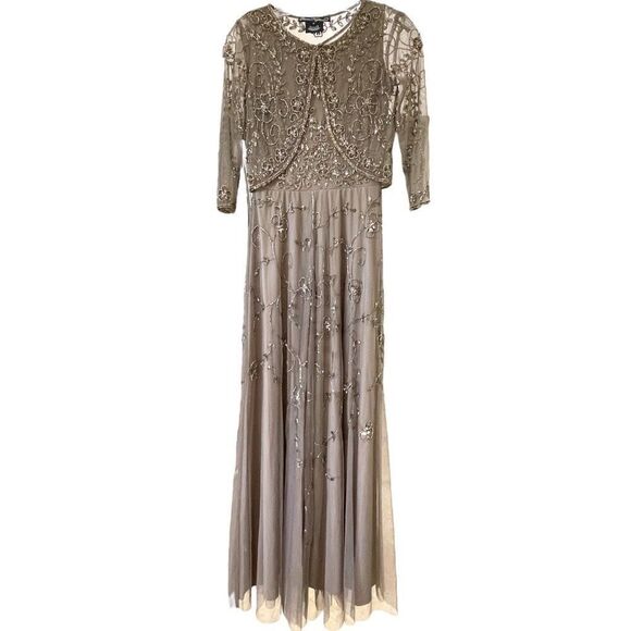 PISSARRO NIGHTS Brown Mocha Gown Beaded Mesh With Jacket Size 2 NWT - Picture 4 of 16
